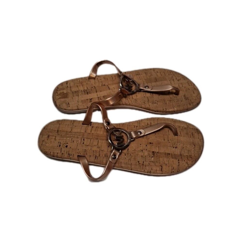 Michael Kors MK Charm Jelly Sandals Logo Cork Thong Flip Flops Black Silver